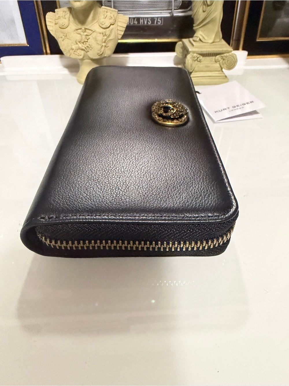 NWT Kurt Geiger Black Leather Zip-Around Wallet with Gold Emblem - Picture 5 of 9